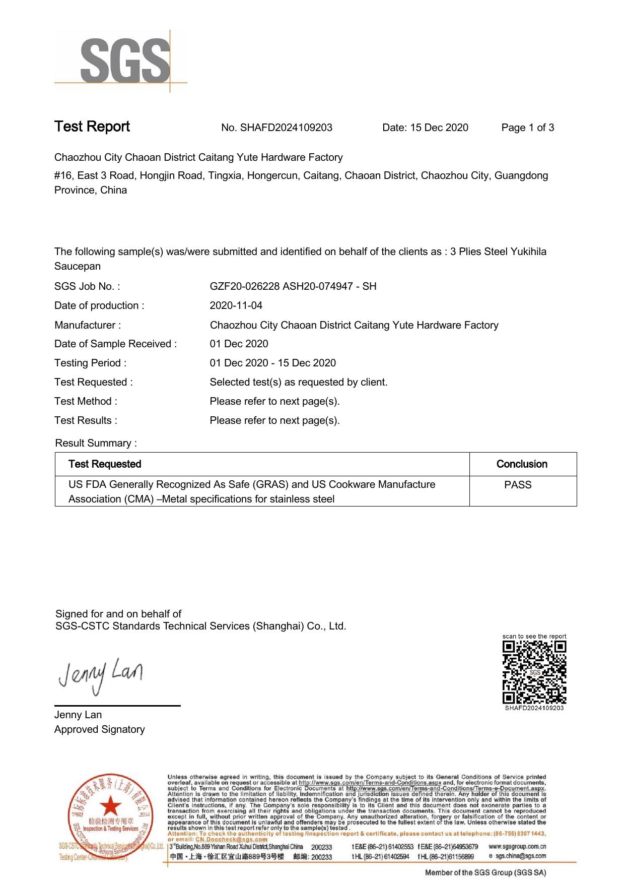 FDA food-grade test report — tri-ply saucepan