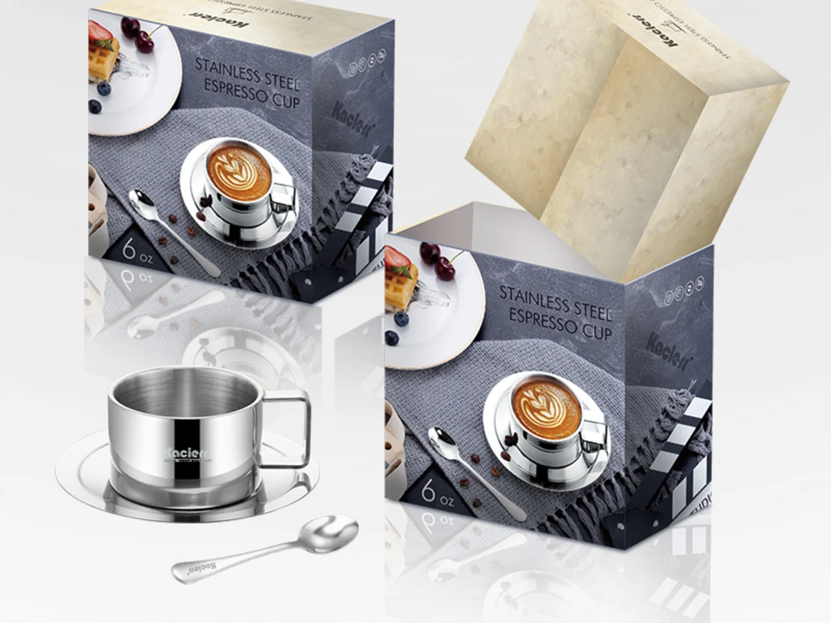 Stainless steel espresso cup with custom retail packaging and branding
