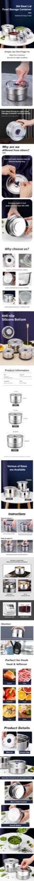 304 Round Steel Lid Food Storage Container