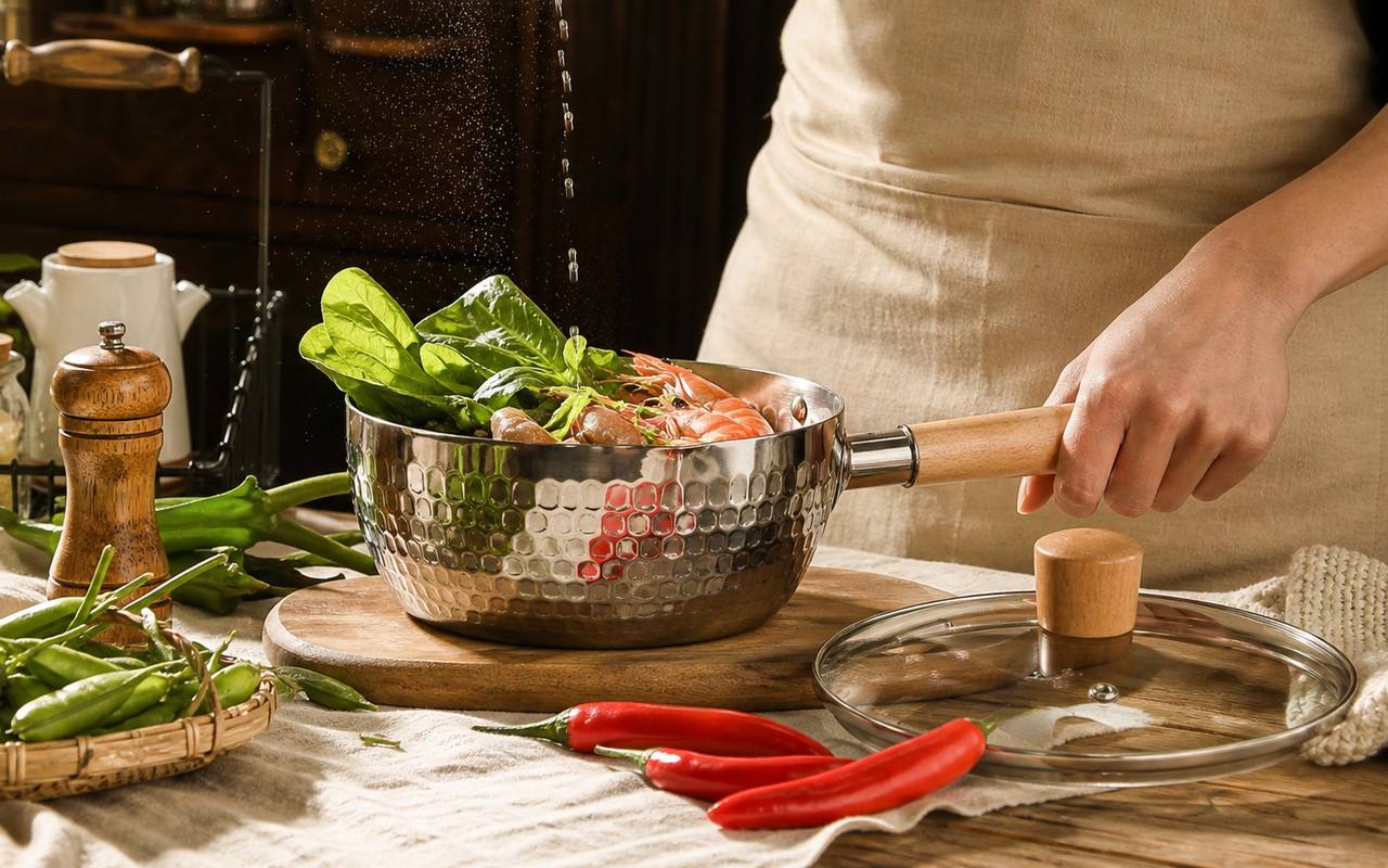 Hammered stainless steel Yukihira saucepan with wooden handle by Yorkers