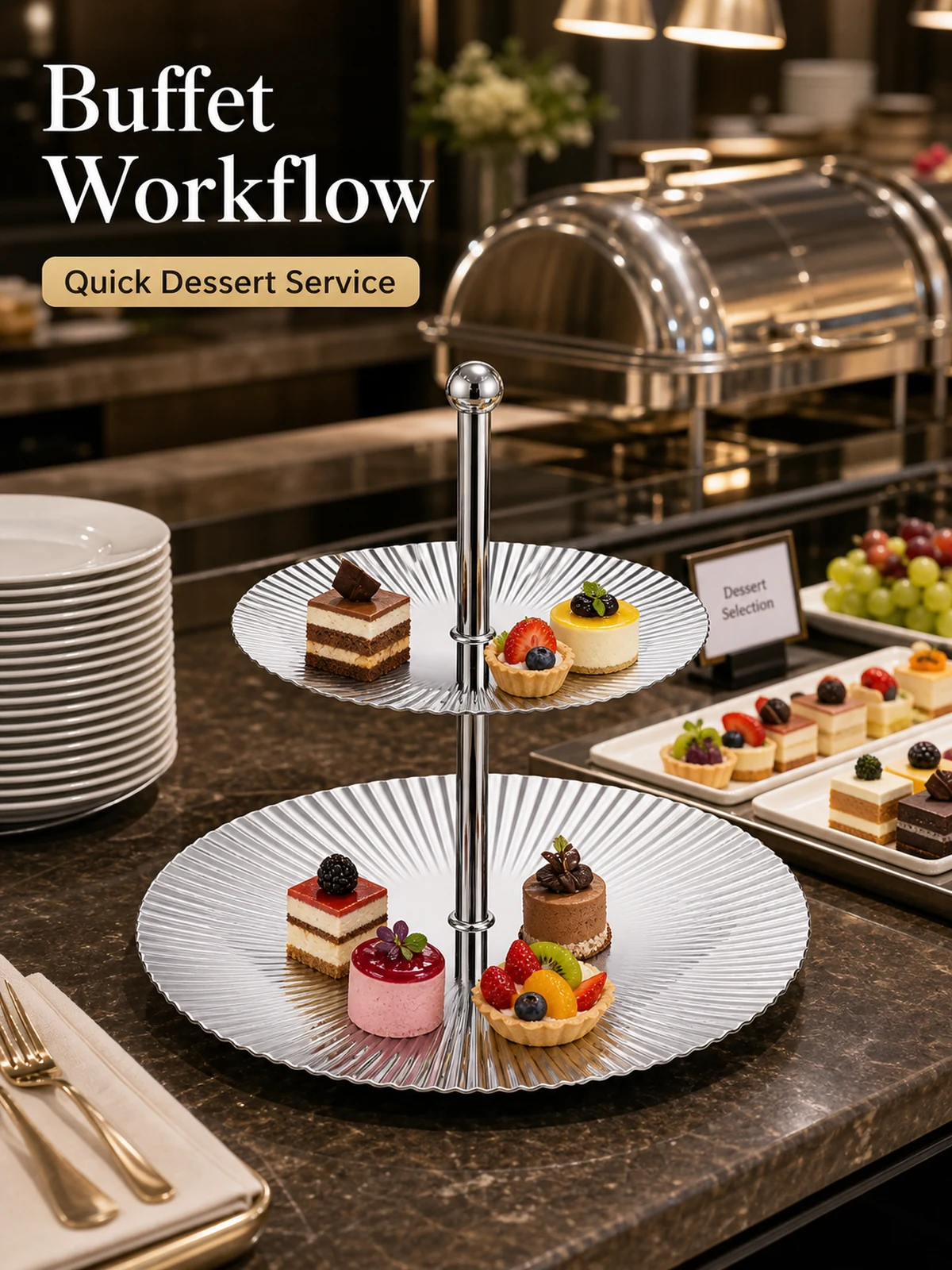 Buffet workflow with two-tier dessert stand