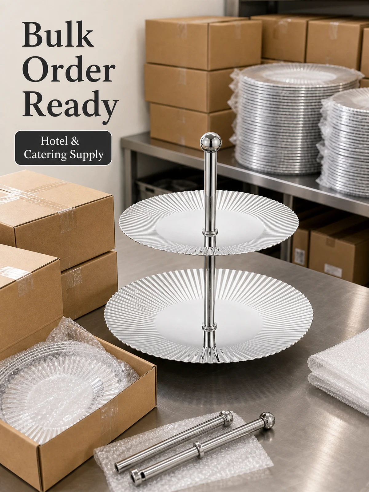 Bulk order and packaging visual for two-tier round dessert stand