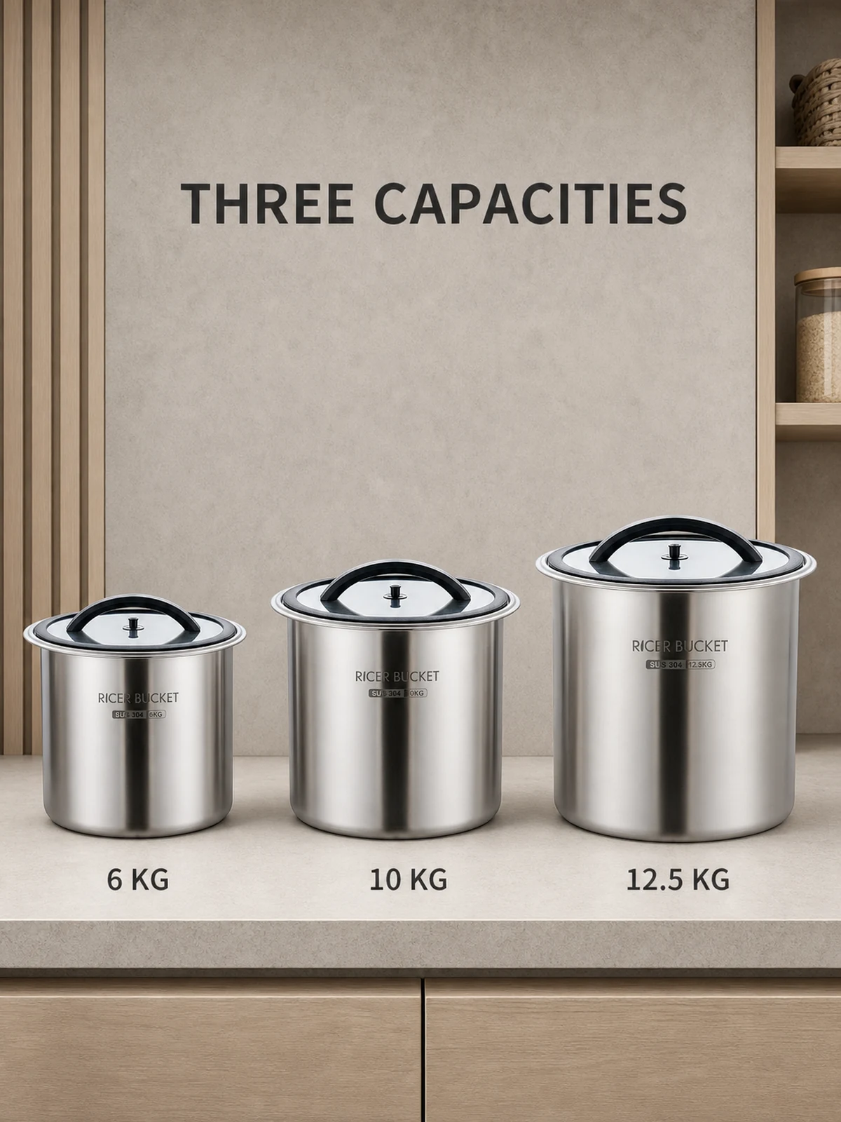 Three rice bucket capacities