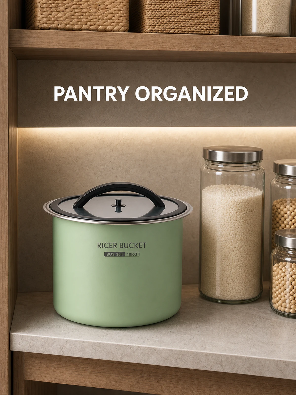 Green bucket in organized pantry