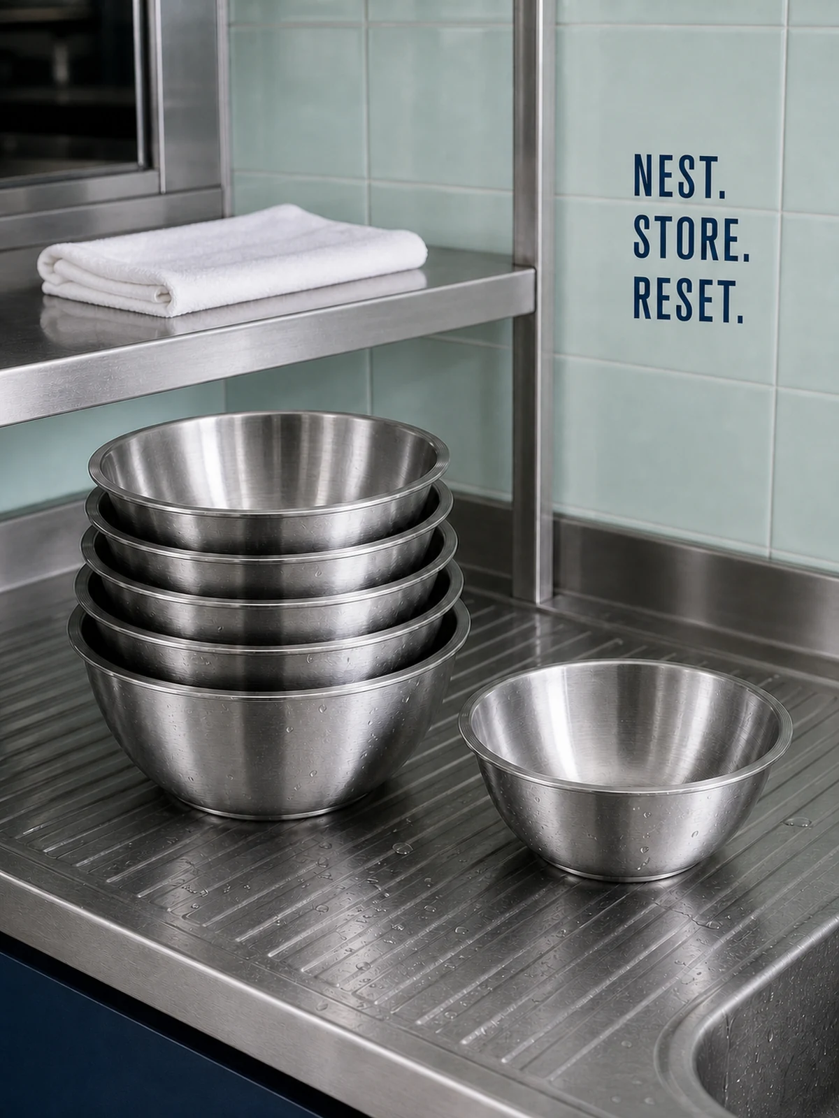 Nested stainless bowls on a wash-up landing shelf
