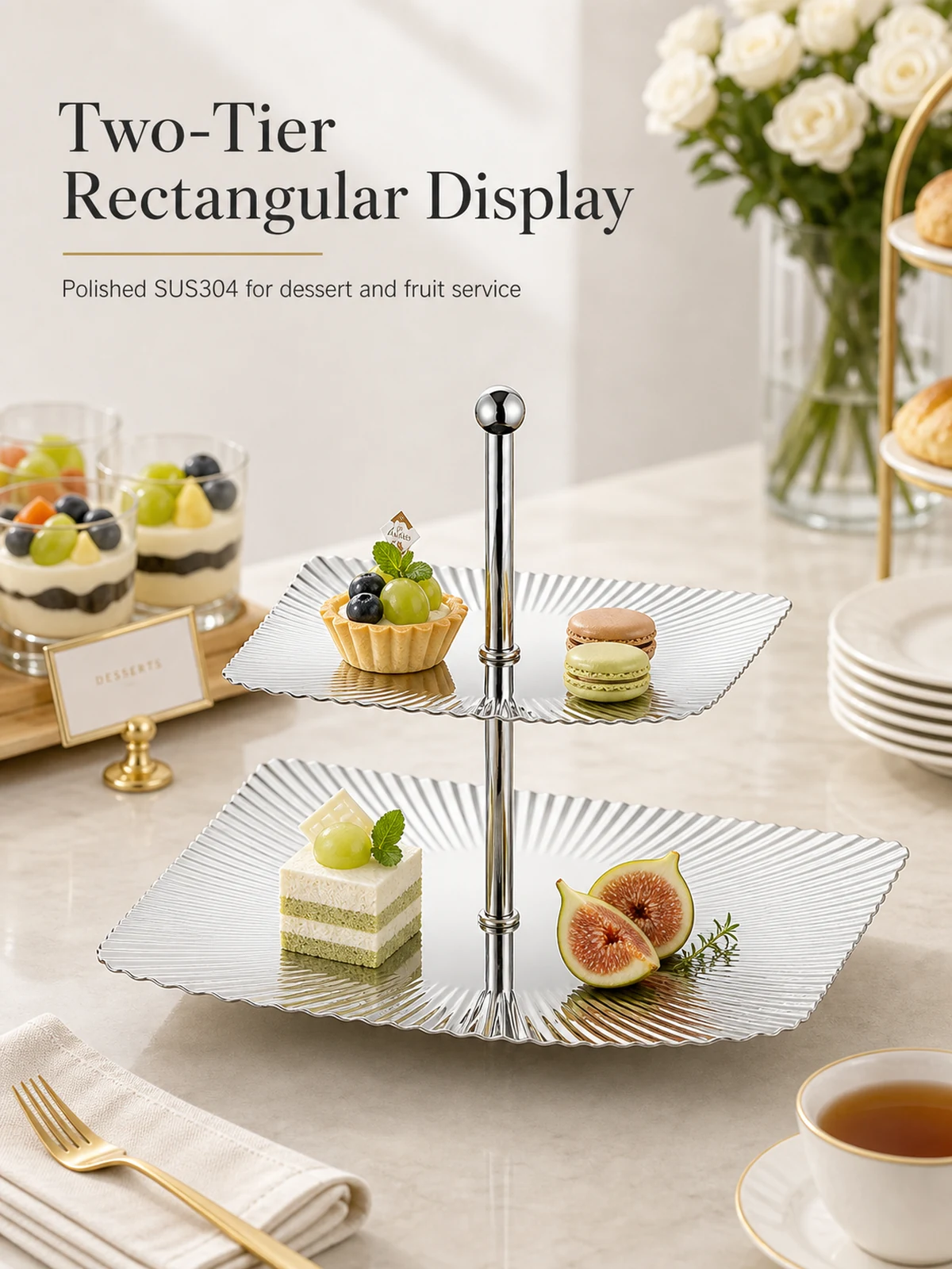 SUS304 rectangular ribbed two-tier dessert stand for buffet display