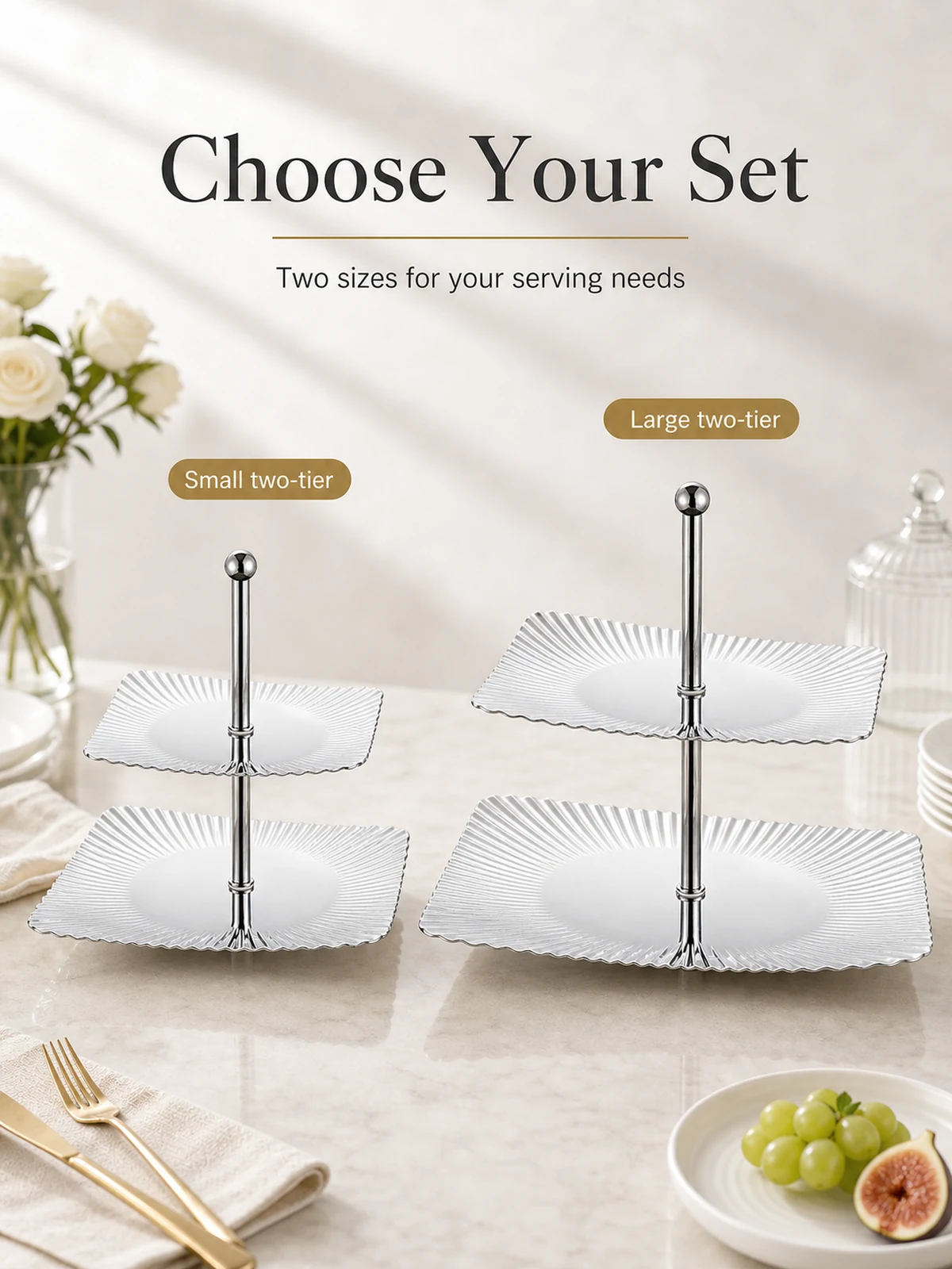 Small and large two-tier rectangular ribbed dessert stand options