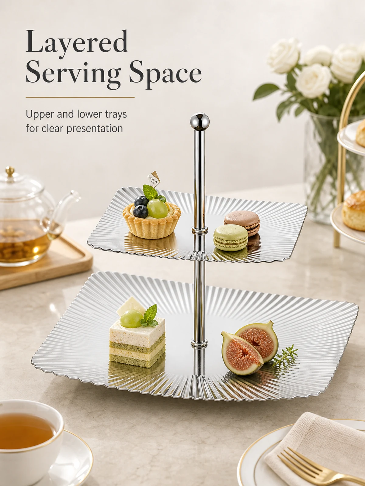 Layered serving space for fruit pastry and afternoon tea display