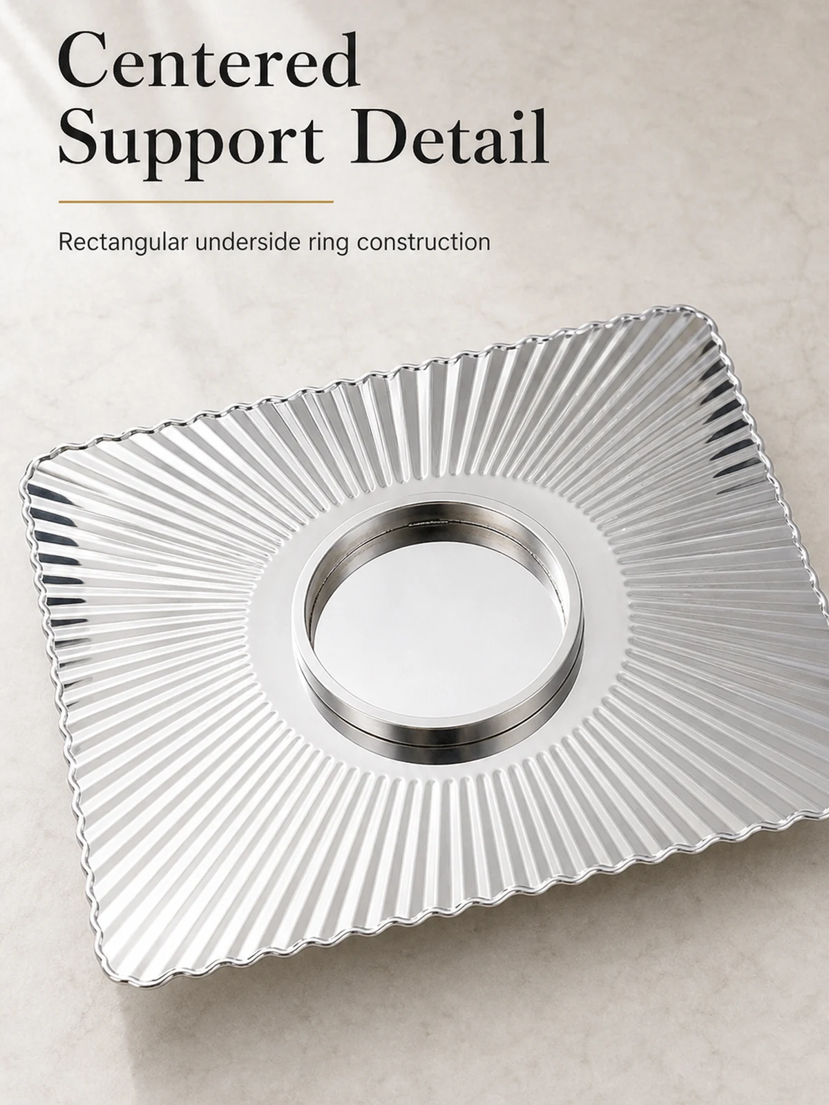 Rectangular ribbed tray underside center support ring detail