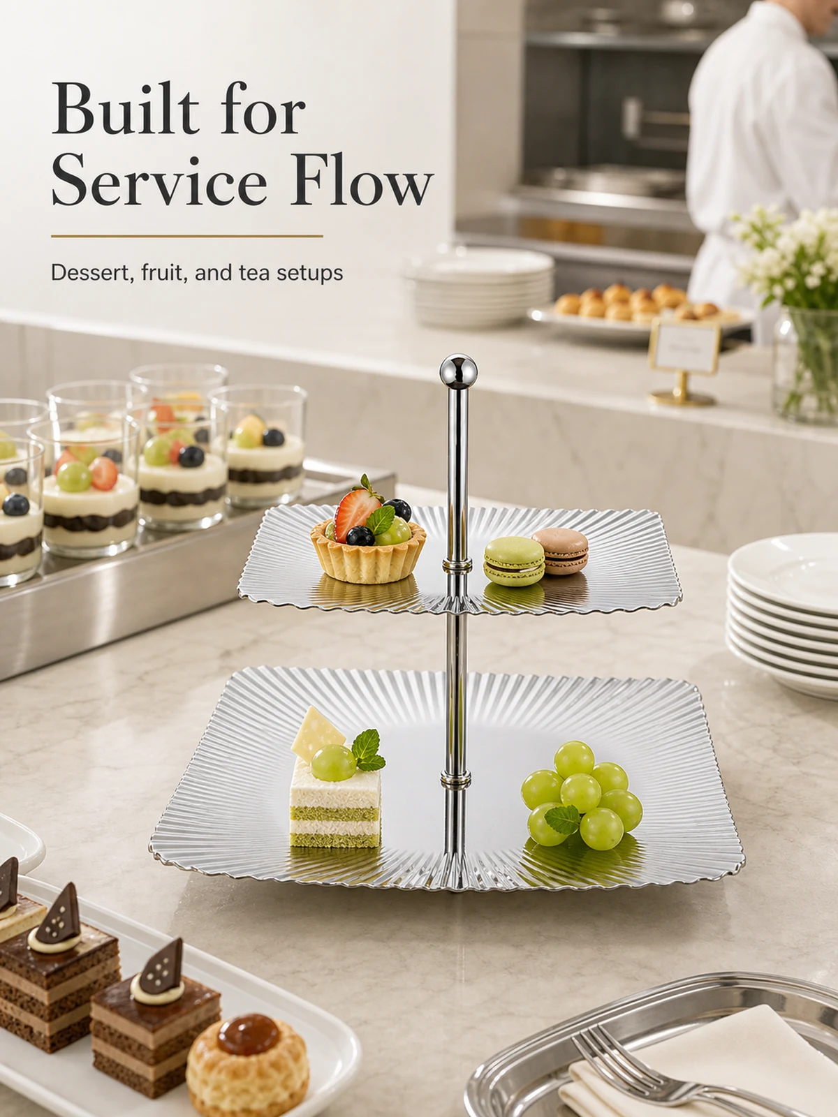 Rectangular two-tier dessert stand commercial service scene