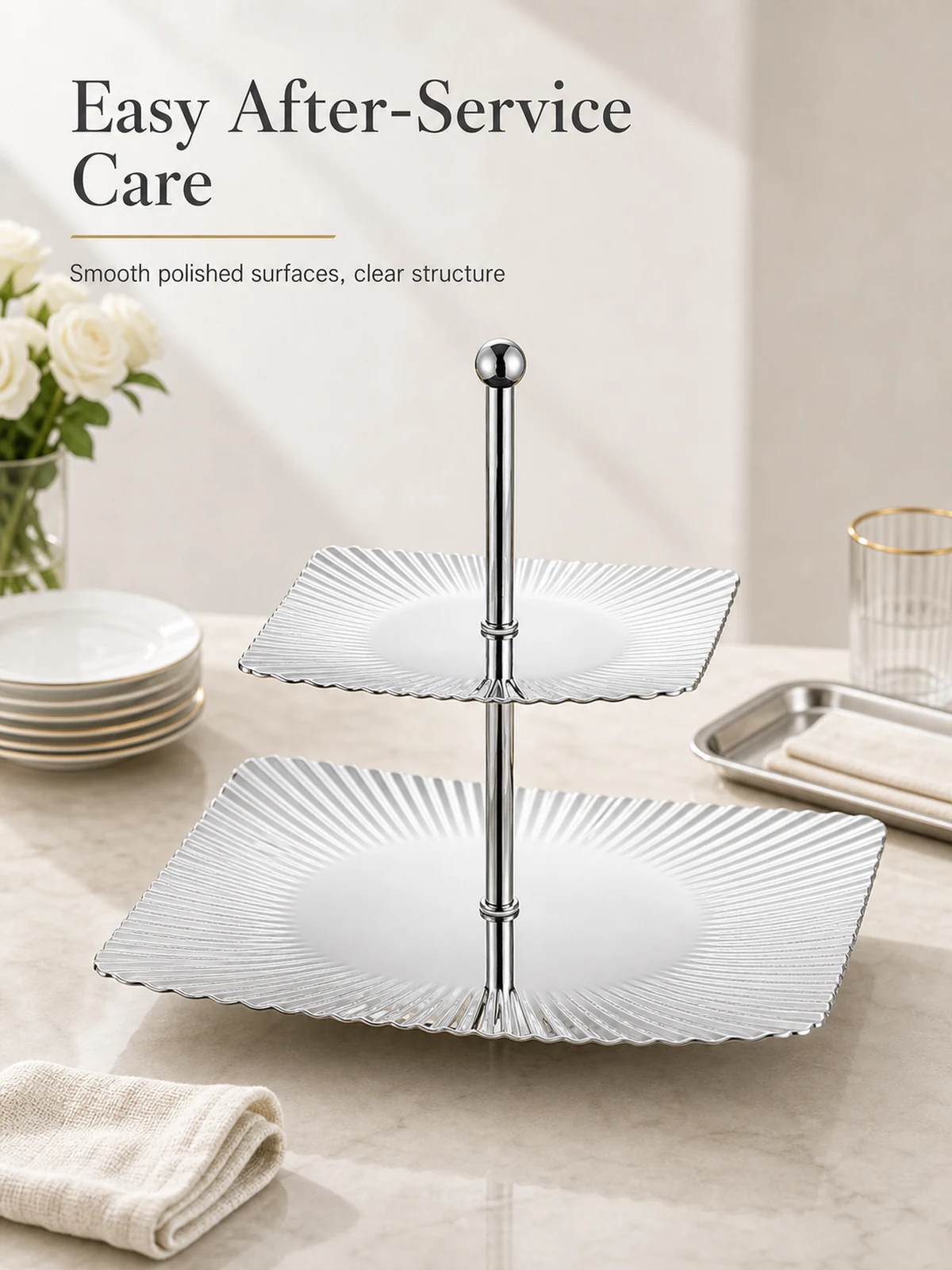 Rectangular two-tier dessert stand care and maintenance