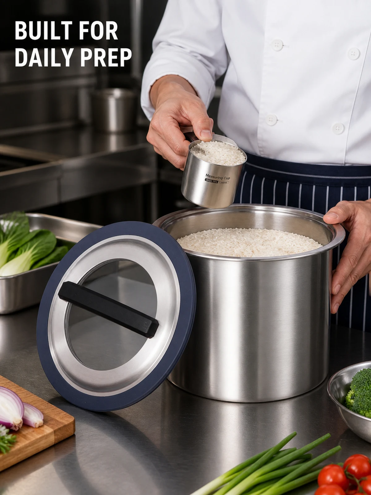 Chef portions rice from an open stainless storage bucket