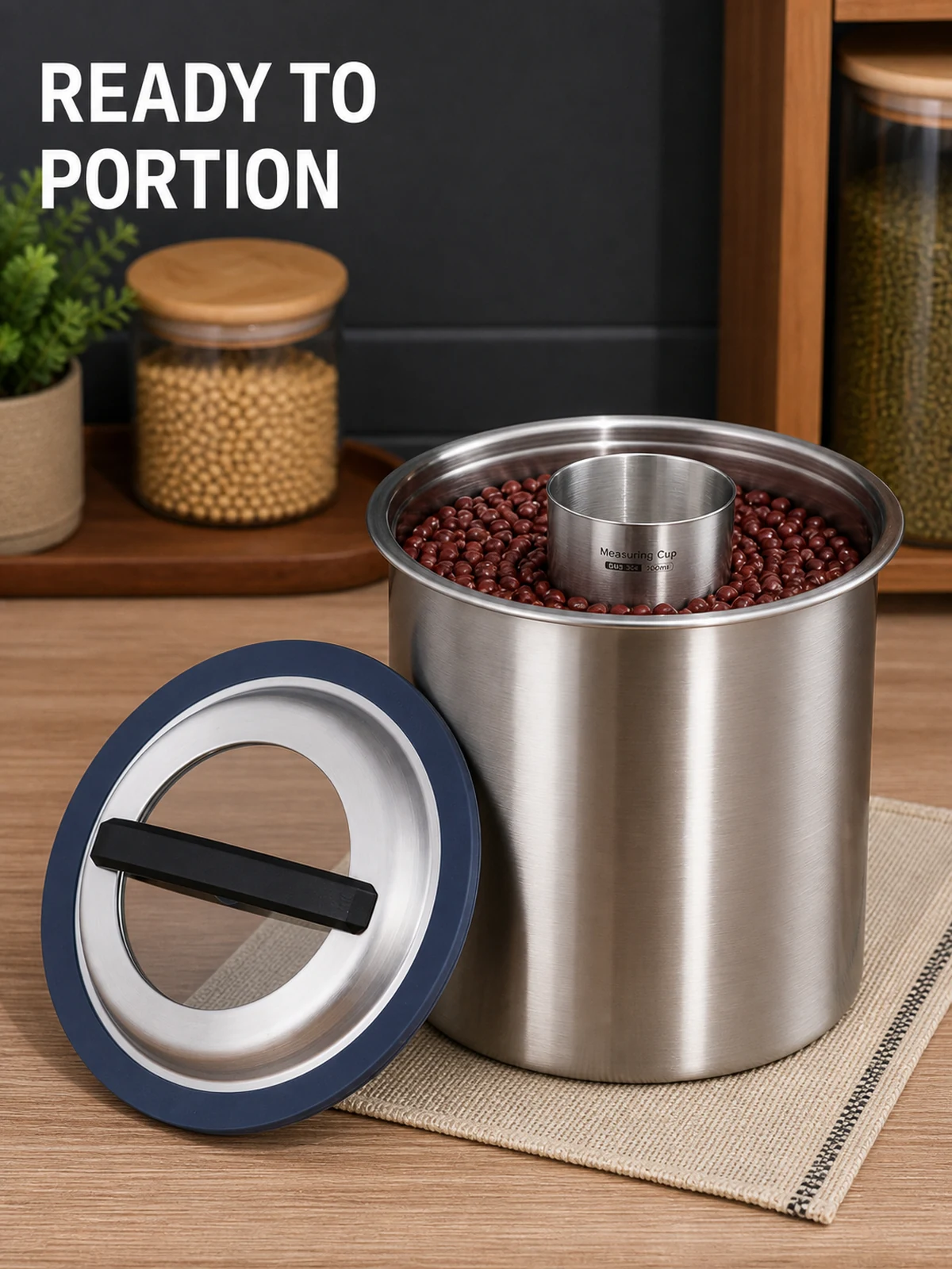Open bucket with beans and included measuring cup