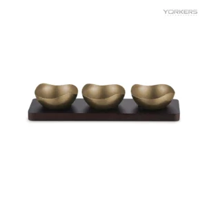 Vintage Snowflake-Gold Two-Lobe Nut Bowl Set with Wooden Tray — stainless steel product by Yorkers International