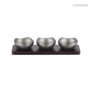 Vintage Snowflake-Gray Four-Lobe Nut Bowl Set with Wooden Tray — stainless steel product by Yorkers International