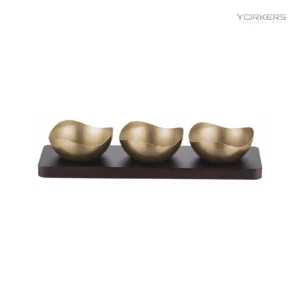 Vintage Snowflake-Gray Gold Three-Petal Nut Bowl Set with Wooden Tray — stainless steel product by Yorkers International