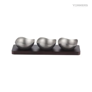 Vintage Snowflake-Gray Three-Lobe Nut Bowl Set with Wooden Tray — stainless steel product by Yorkers International