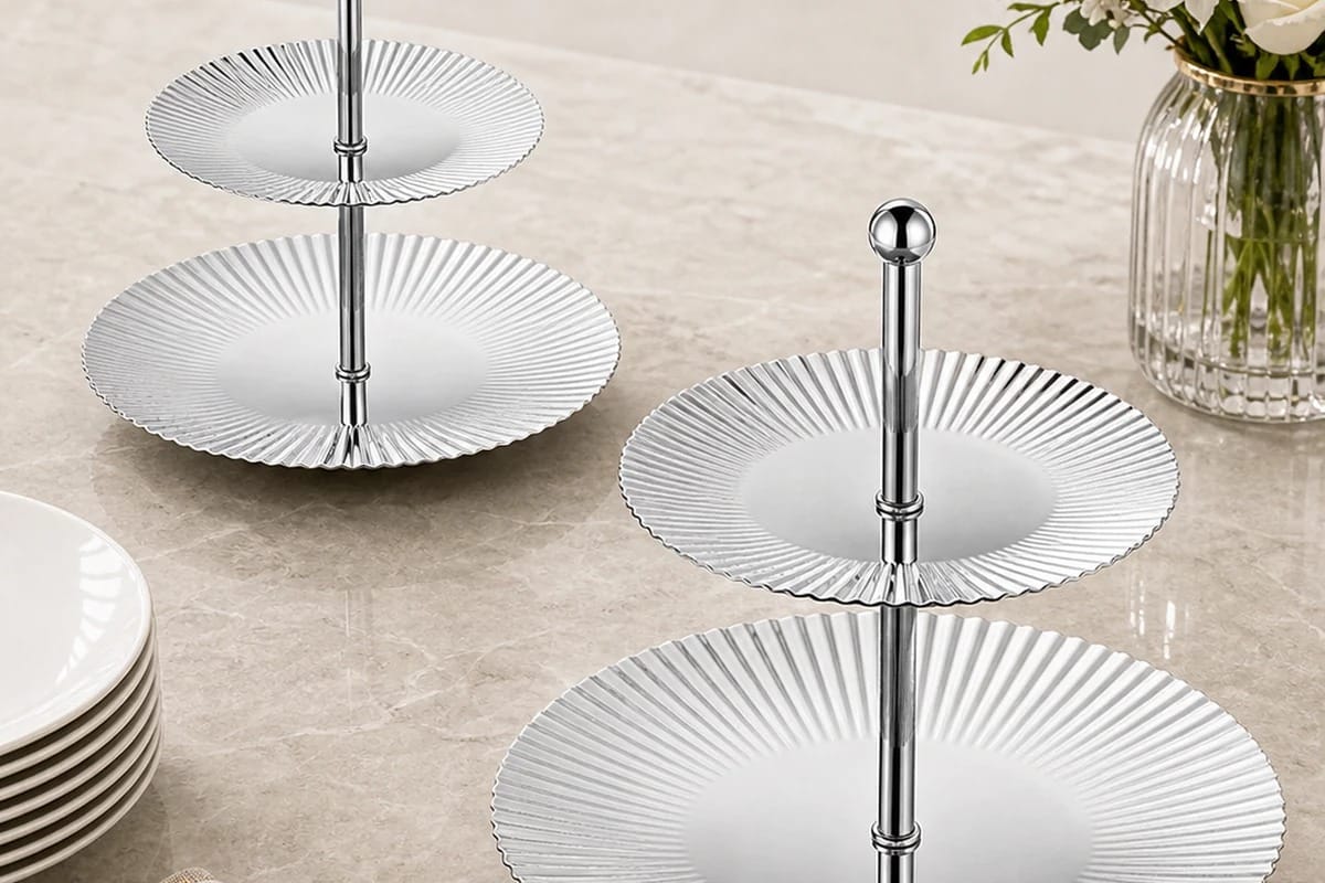 304 round ribbed two-tier dessert stand full setup on a hotel buffet counter
