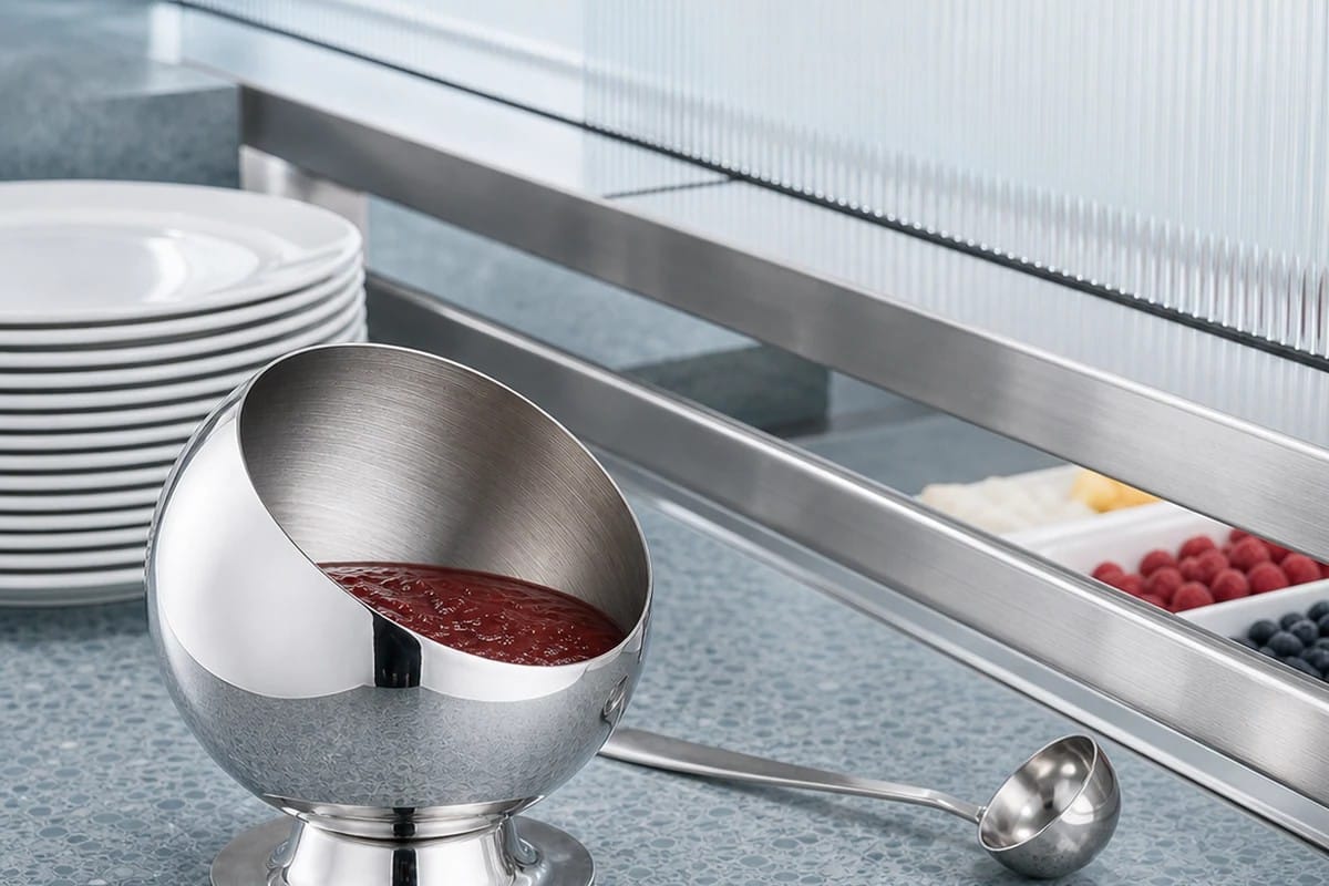 Satin interior and mirror-polished exterior of the pedestal sauce bowl