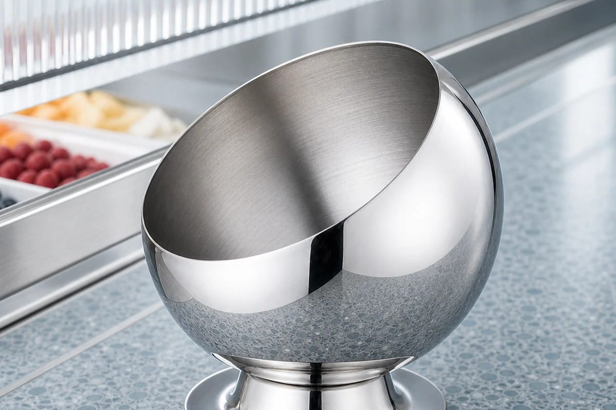 Short flared pedestal base detail of the stainless steel sauce bowl
