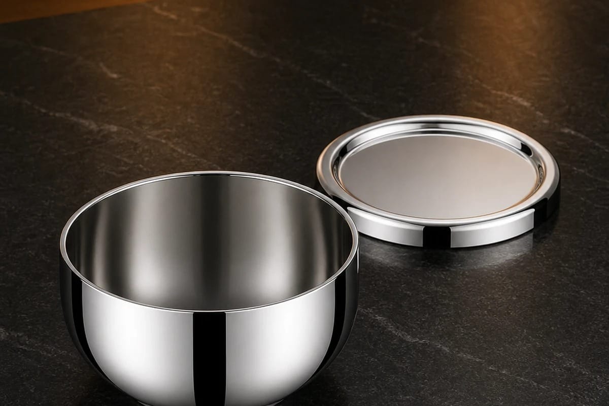 Mirror-polished SUS 304 surface detail of the double-wall kids bowl and lid