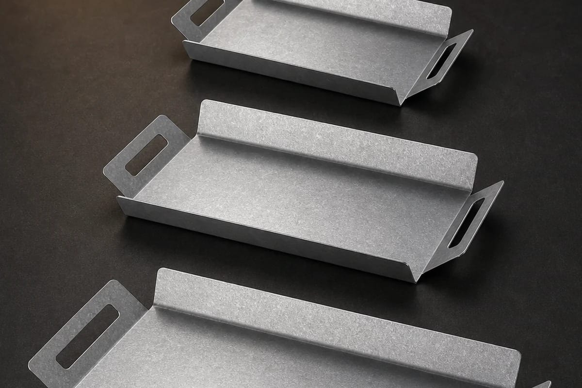 American vintage metal serving tray with mottled snowflake-gray finish on a restaurant table