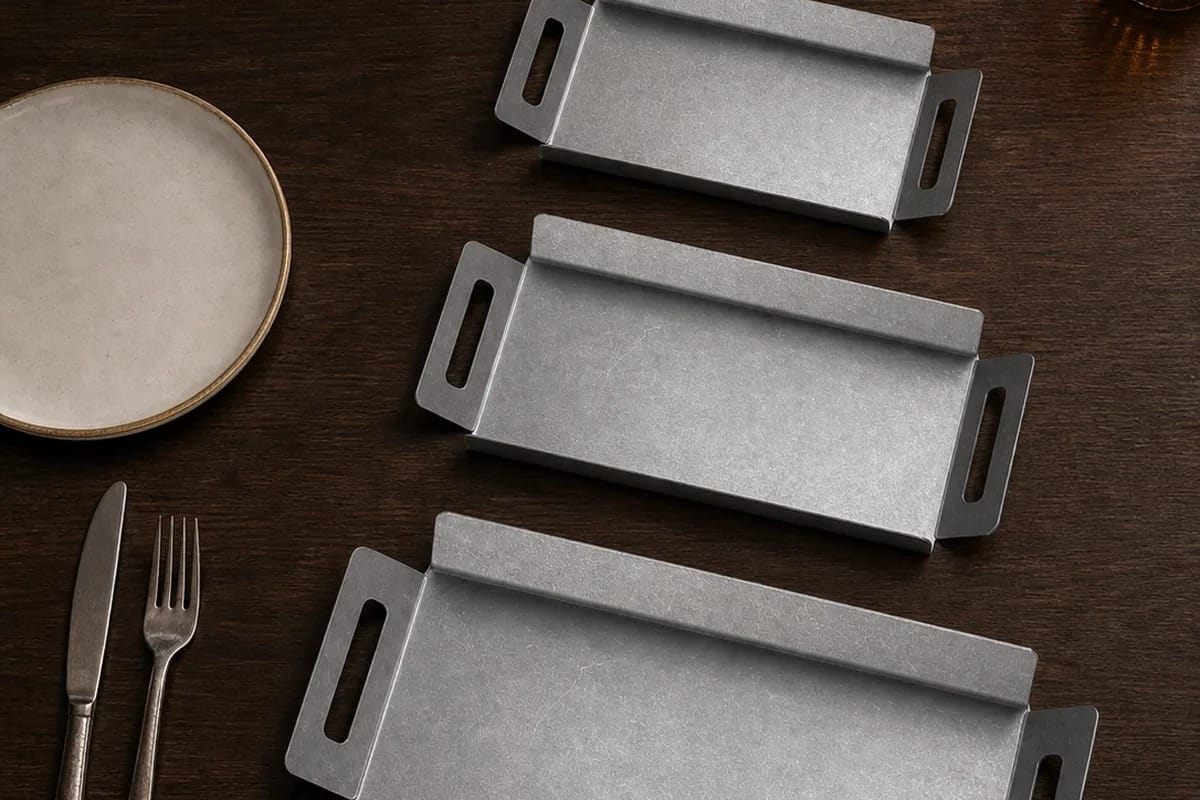 Three sizes of American vintage metal serving trays laid out side by side