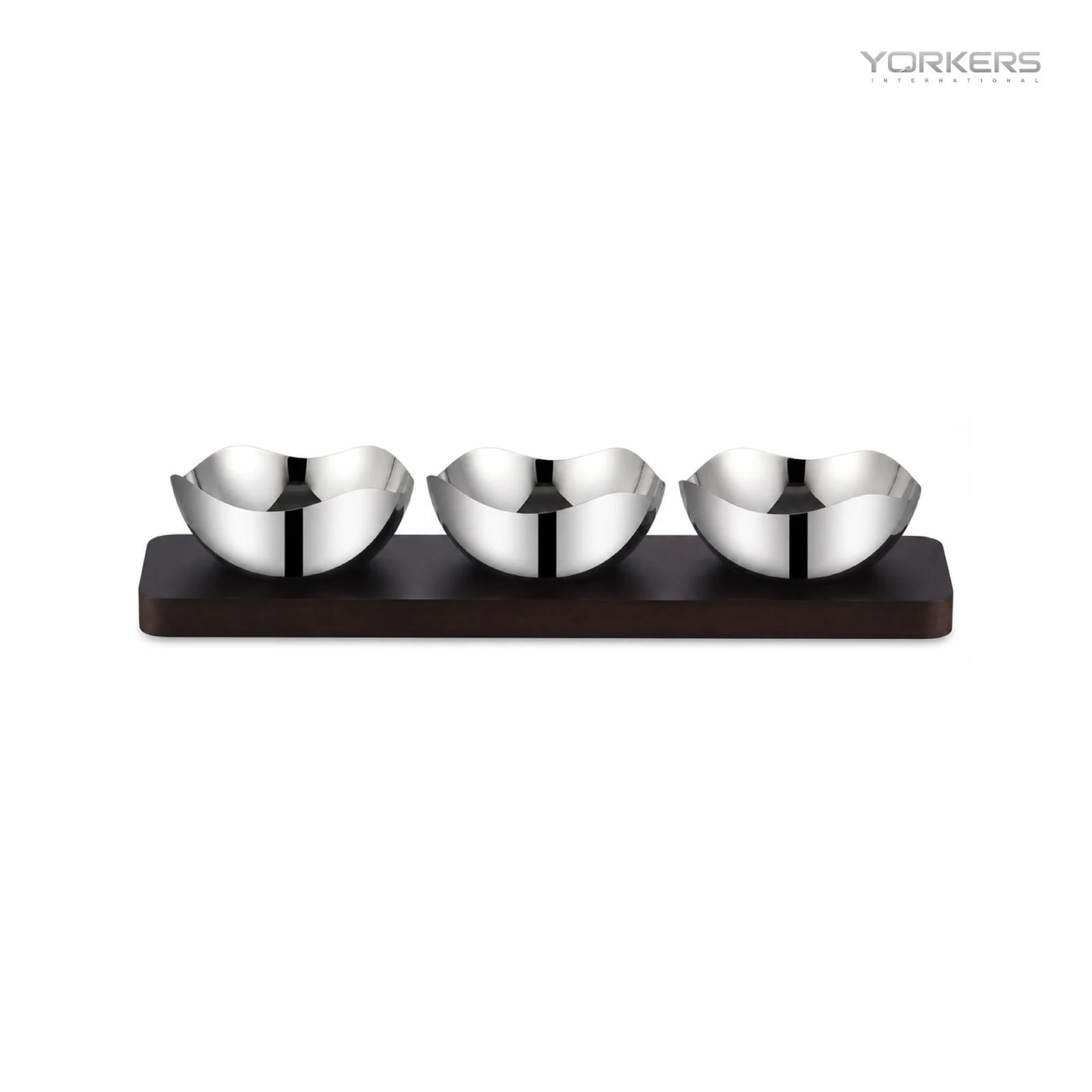 Mirror-Polished Four-Petal Nut Bowl Set with Wooden Tray — stainless steel product by Yorkers International