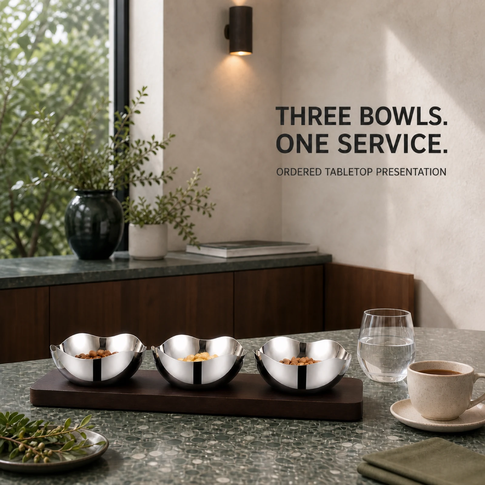 Mirror-Polished Four-Petal Nut Bowl Set with Wooden Tray view 3