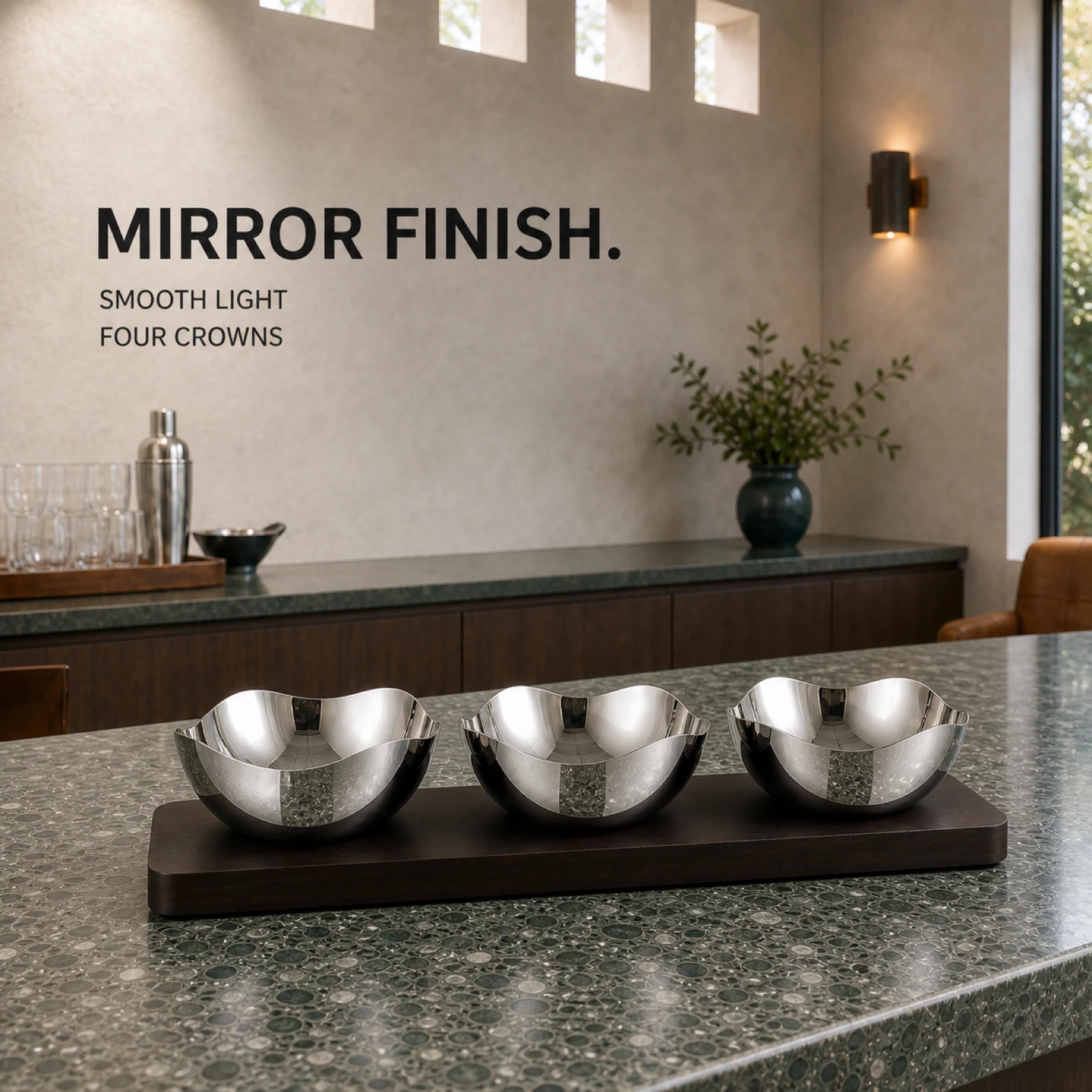 Mirror-Polished Four-Petal Nut Bowl Set with Wooden Tray view 4