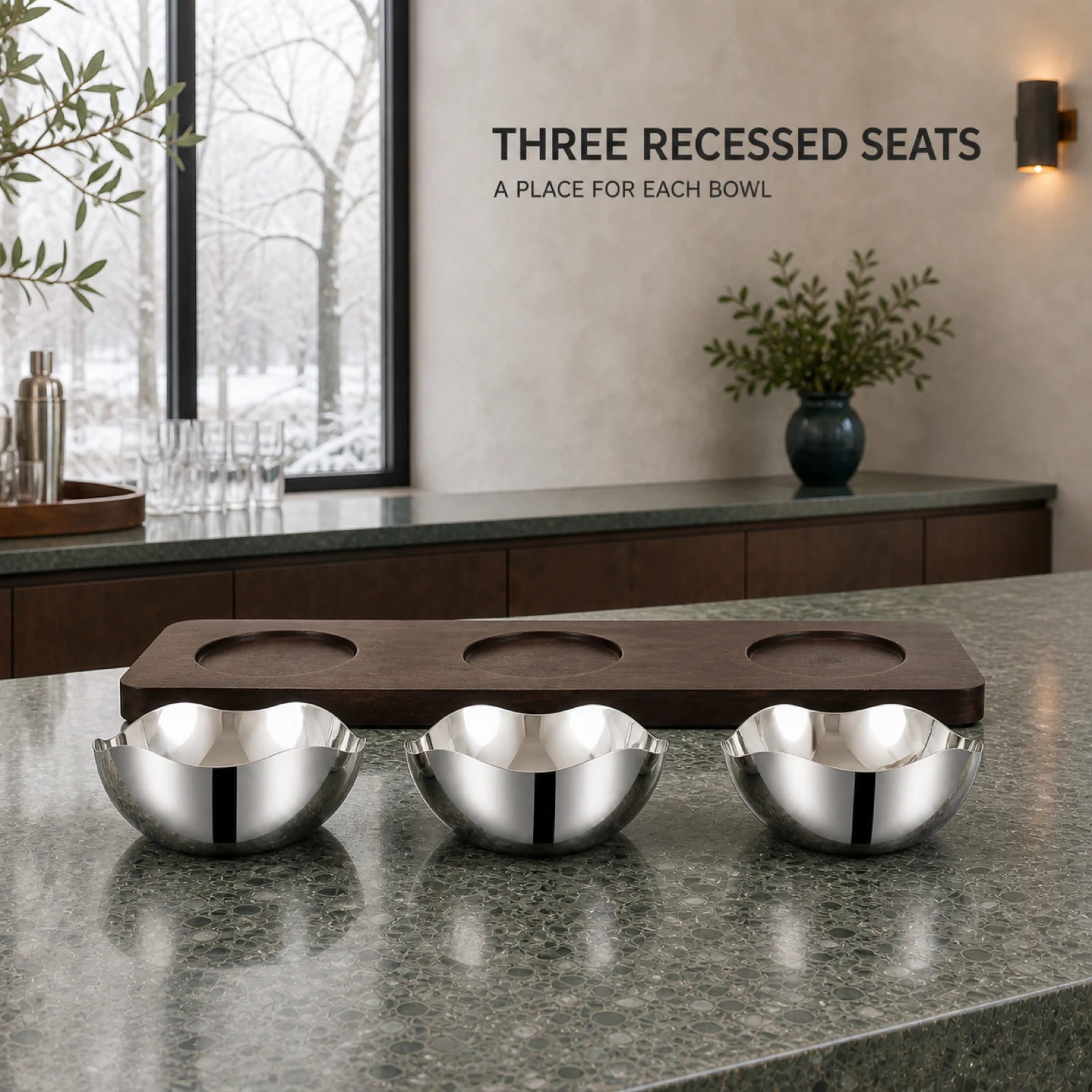 Mirror-Polished Four-Petal Nut Bowl Set with Wooden Tray view 5