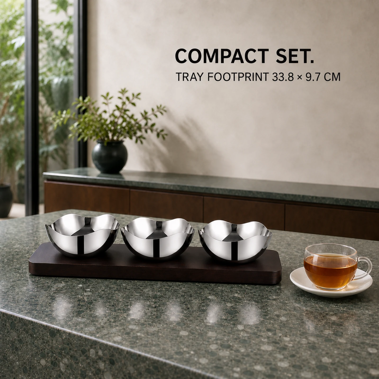 Mirror-Polished Four-Petal Nut Bowl Set with Wooden Tray view 7