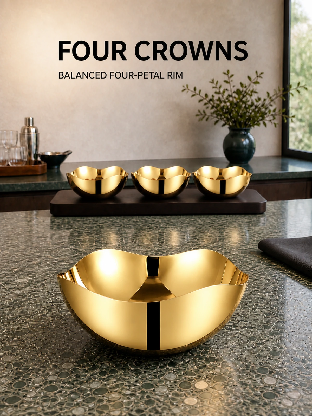 Complete Mirror-Polished Gold-Plated Four-Petal Nut Bowl Set with Wooden Tray
