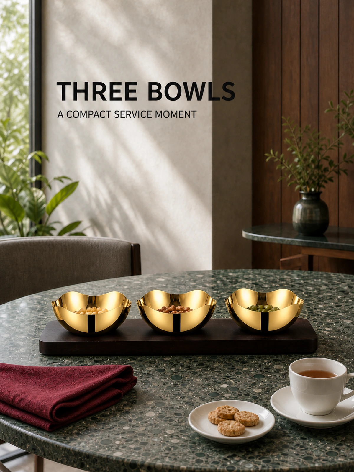 Tabletop use of the Mirror-Polished Gold-Plated Four-Petal Nut Bowl Set with Wooden Tray