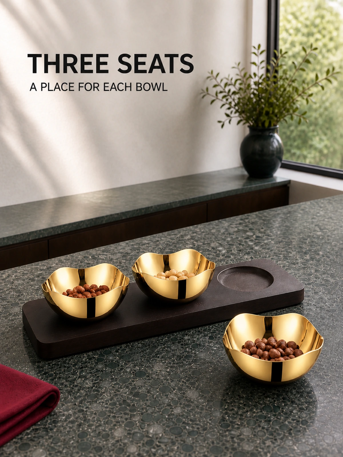 Wooden tray with recessed bowl seats