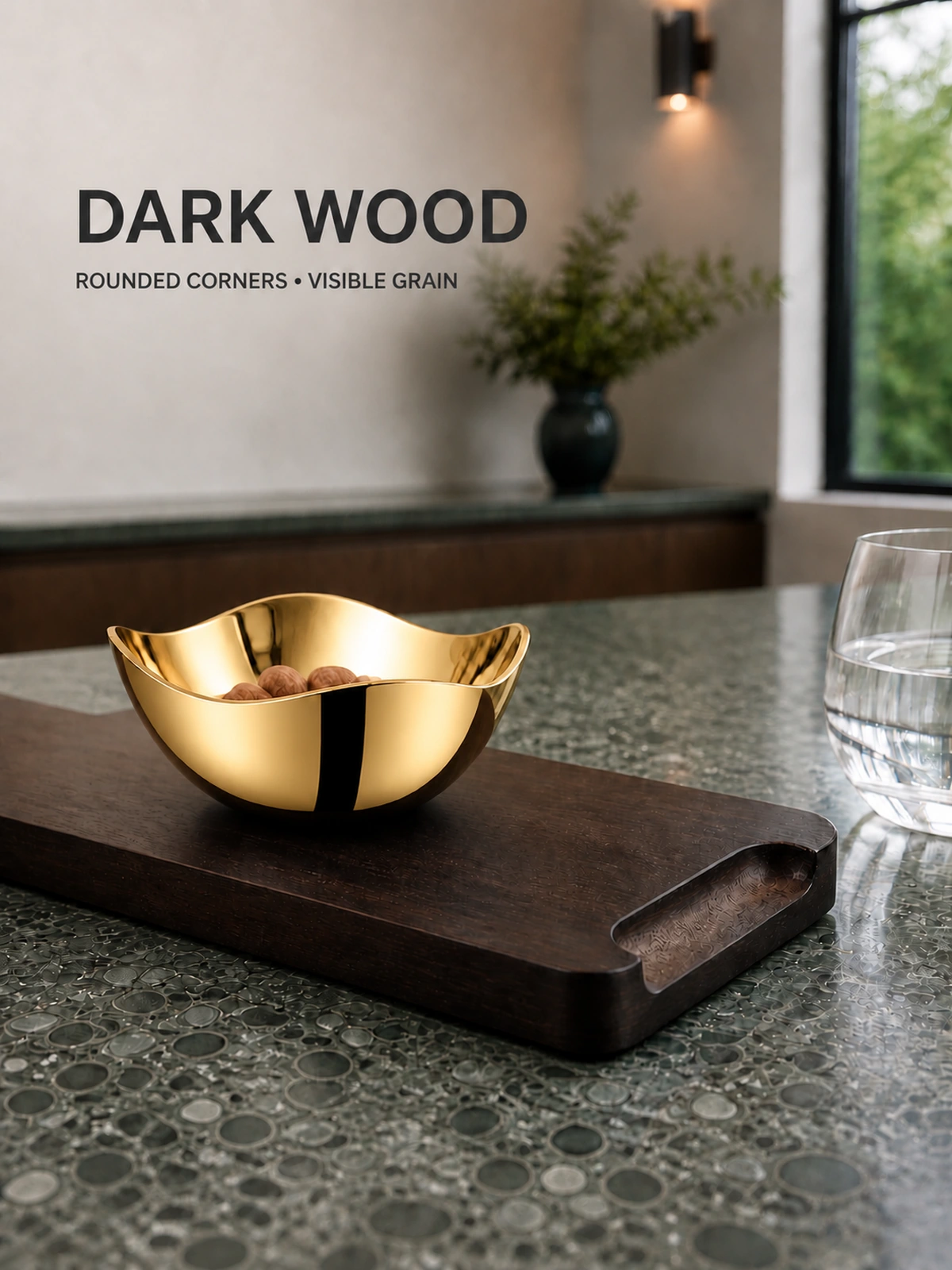 Dark wooden tray with rounded corners and visible grain