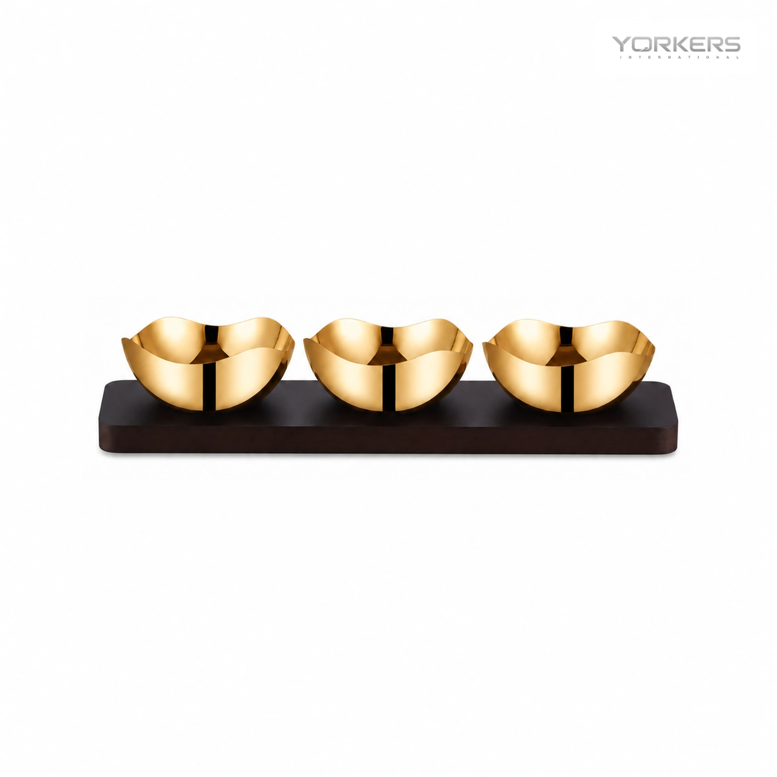 Mirror-Polished Gold-Plated Four-Petal Nut Bowl Set with Wooden Tray — stainless steel product by Yorkers International