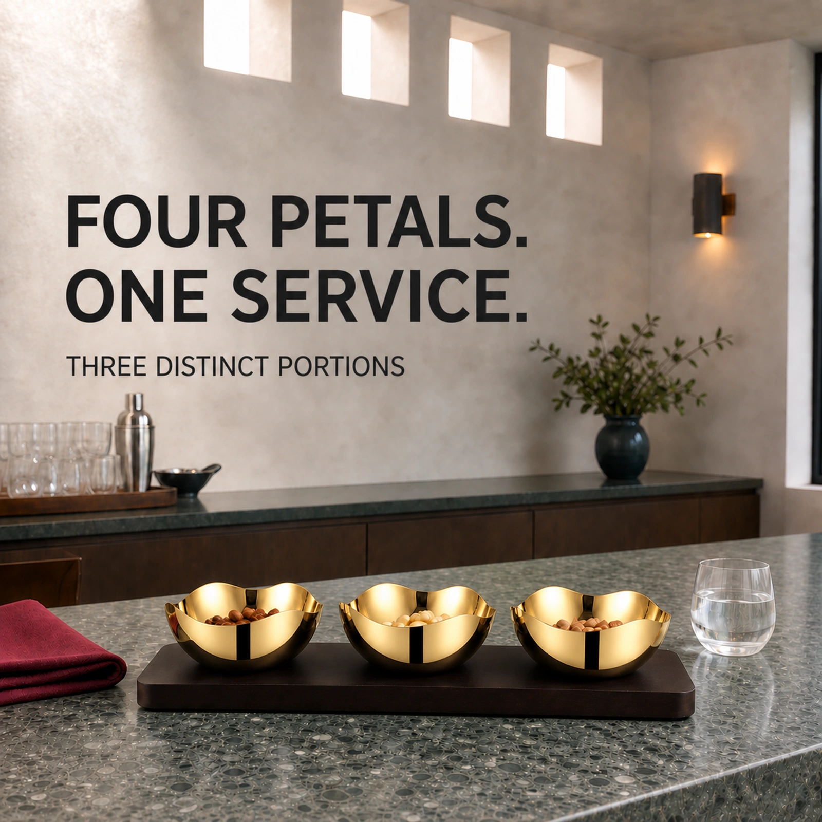 Mirror-Polished Gold-Plated Four-Petal Nut Bowl Set with Wooden Tray view 2