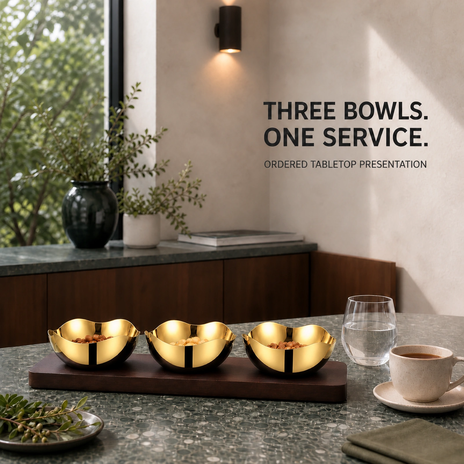 Mirror-Polished Gold-Plated Four-Petal Nut Bowl Set with Wooden Tray view 3
