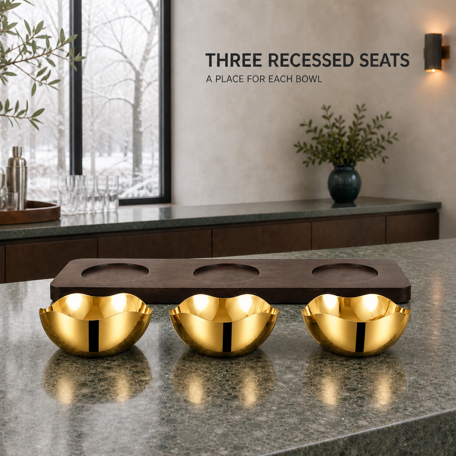 Mirror-Polished Gold-Plated Four-Petal Nut Bowl Set with Wooden Tray view 5