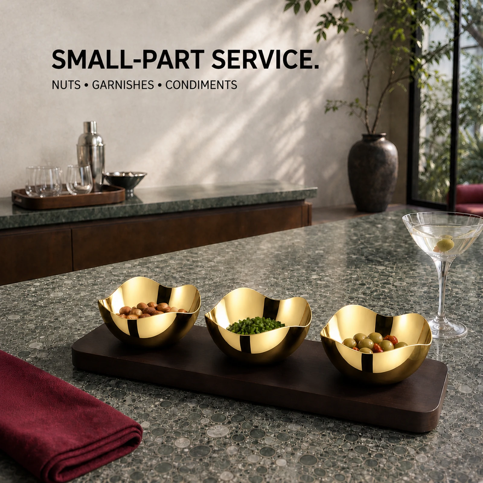 Mirror-Polished Gold-Plated Four-Petal Nut Bowl Set with Wooden Tray view 6