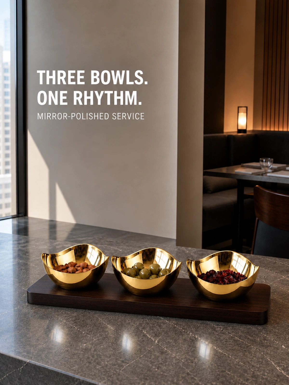 Complete Mirror-Polished Gold-Plated Irregular Wave-Rim Nut Bowl Set with Wooden Tray