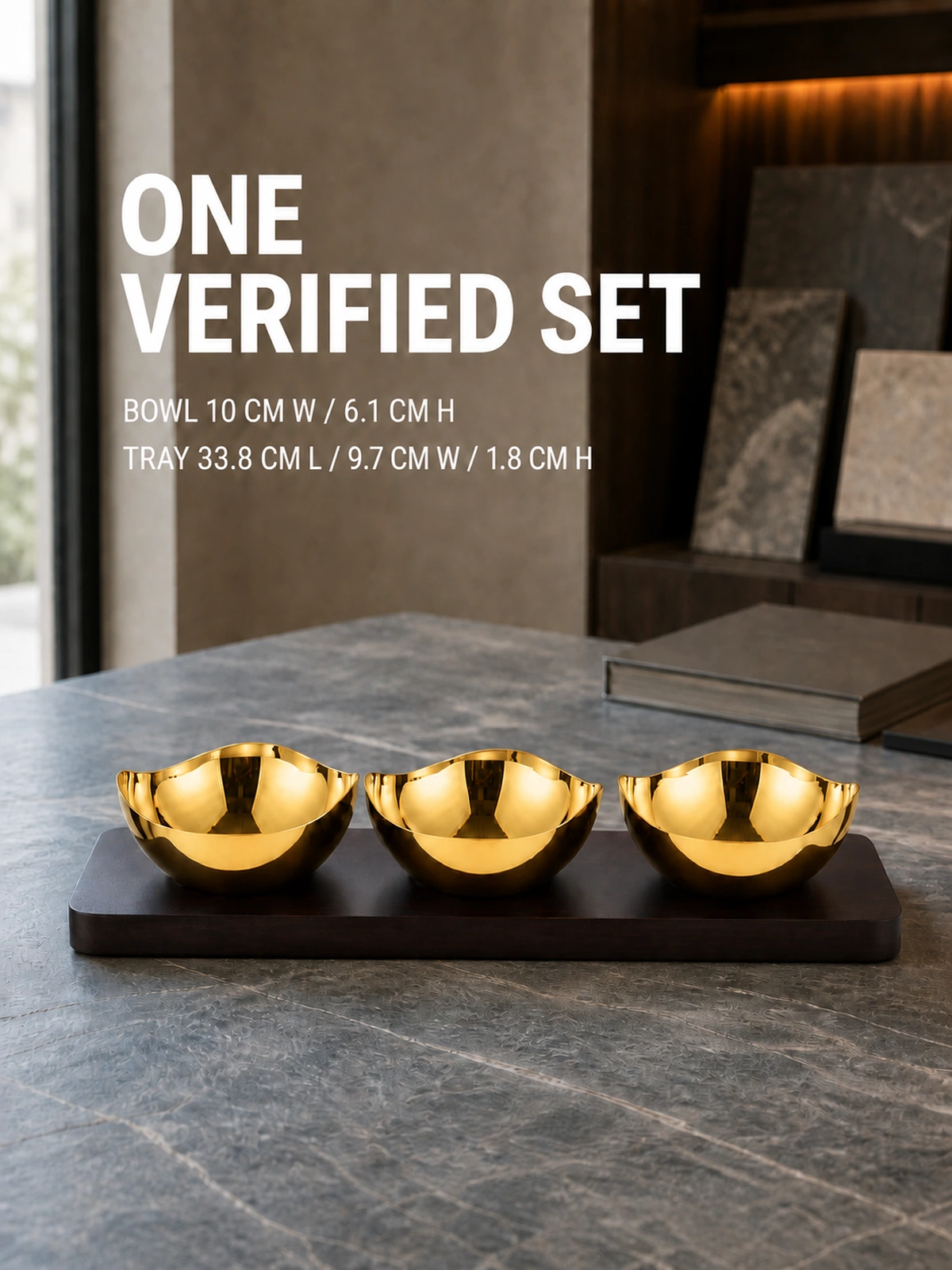 Bowl and tray dimensions of the Mirror-Polished Gold-Plated Irregular Wave-Rim Nut Bowl Set with Wooden Tray