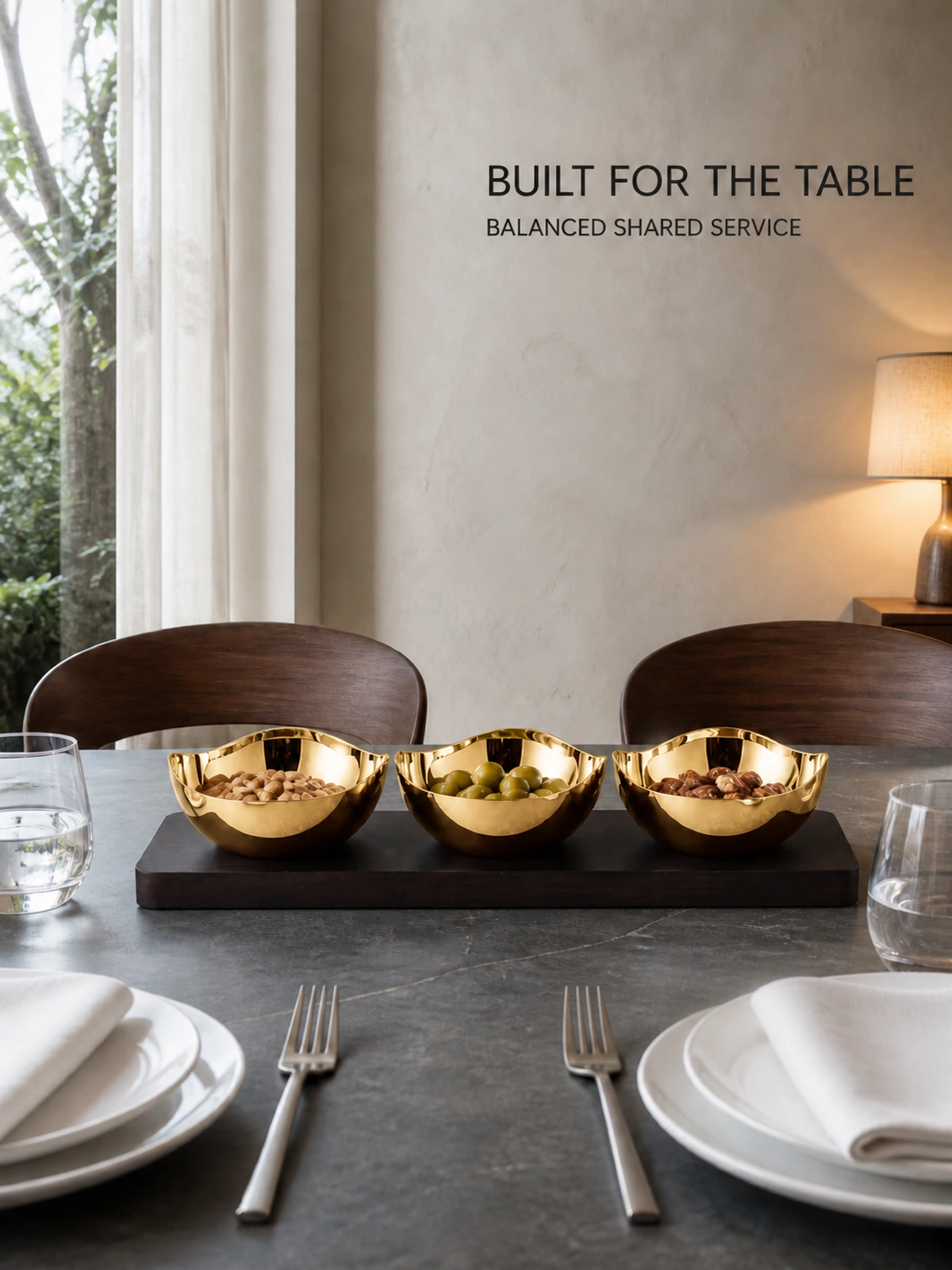 Tabletop use of the Mirror-Polished Gold-Plated Irregular Wave-Rim Nut Bowl Set with Wooden Tray