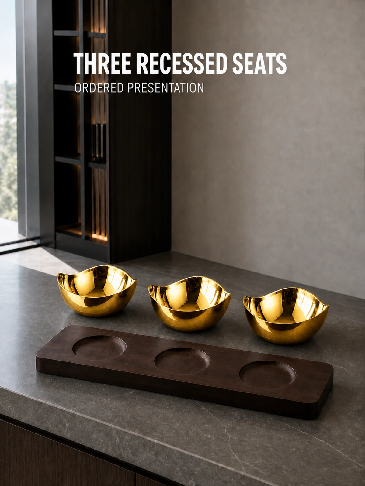 Wooden tray with recessed bowl seats