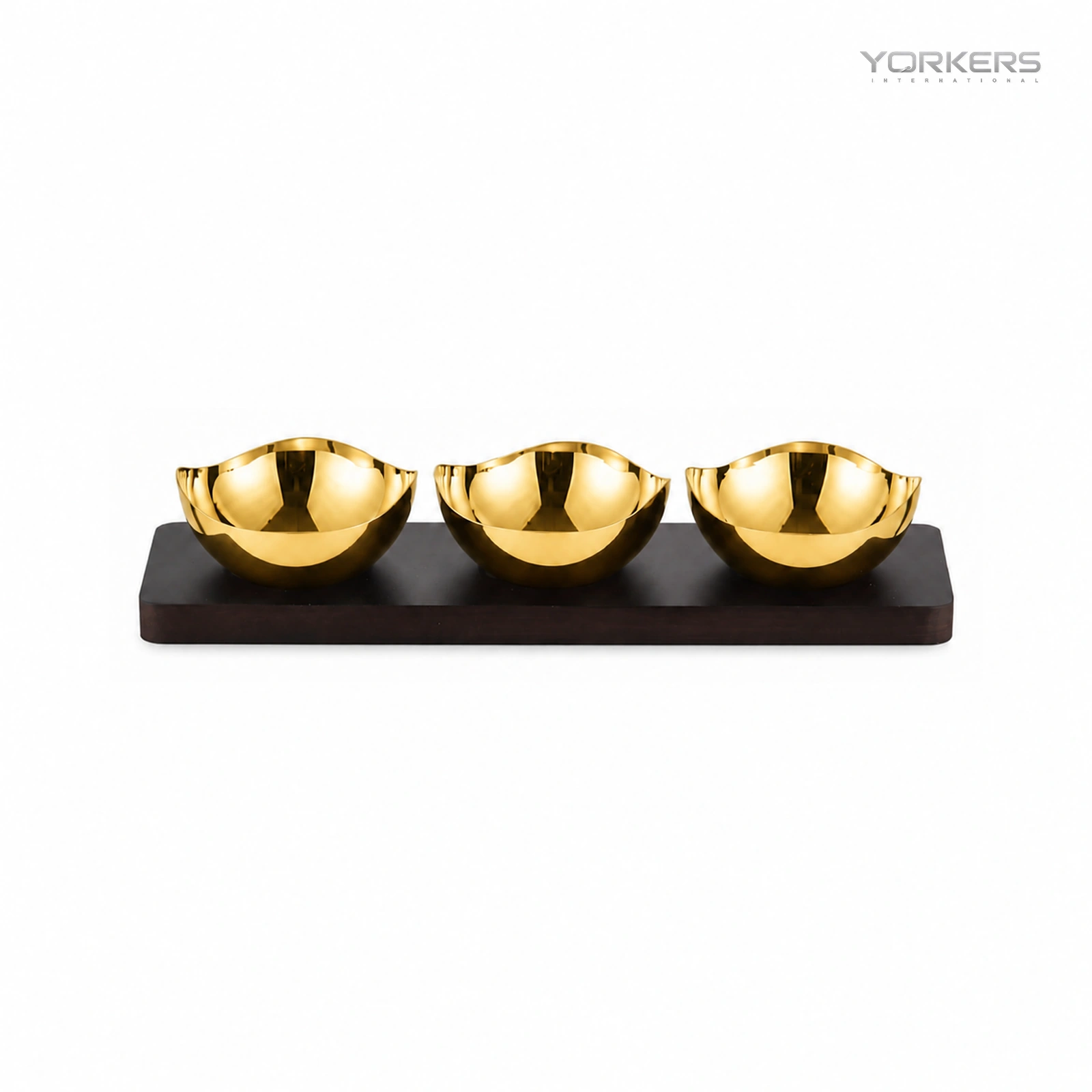 Mirror-Polished Gold-Plated Irregular Wave-Rim Nut Bowl Set with Wooden Tray — stainless steel product by Yorkers International