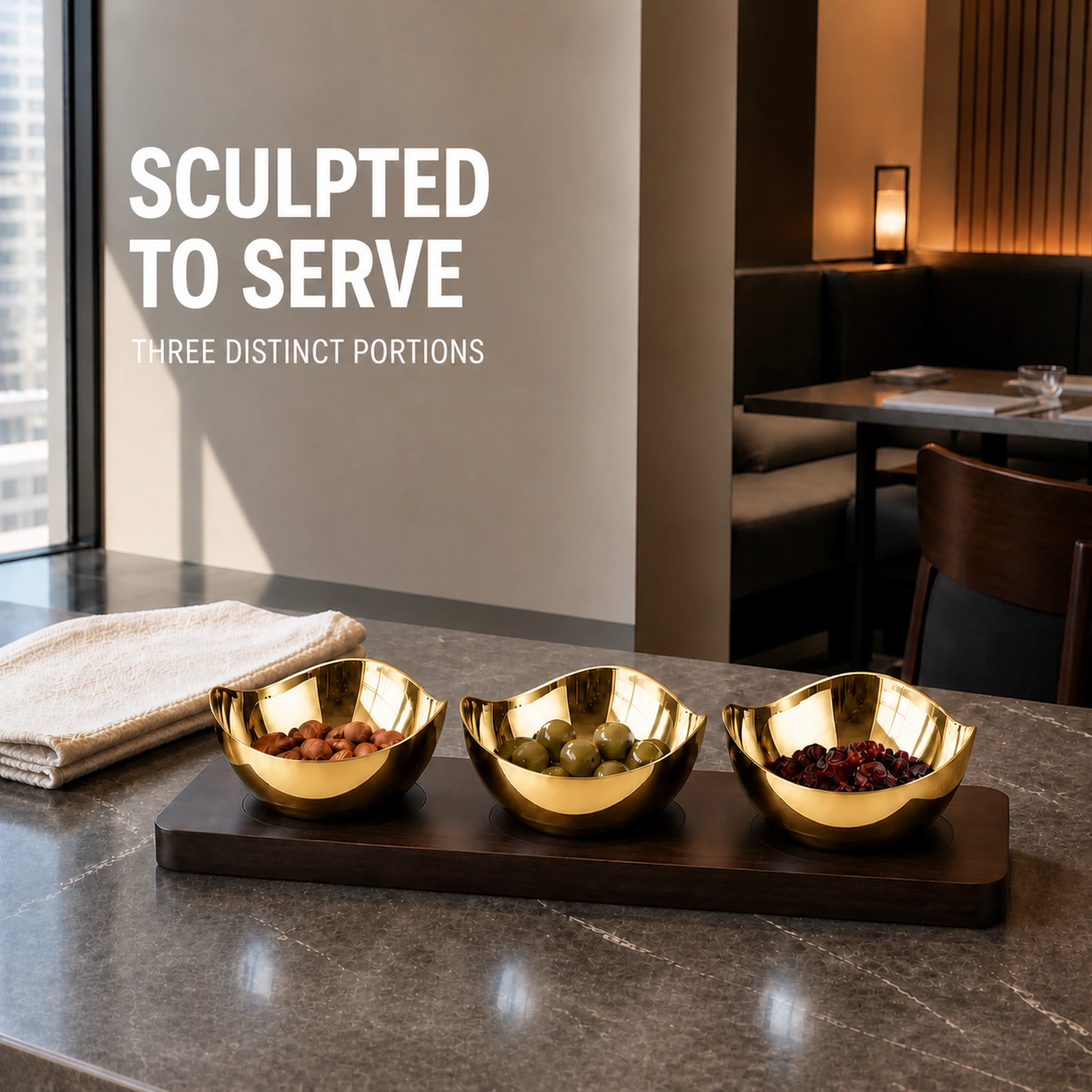 Mirror-Polished Gold-Plated Irregular Wave-Rim Nut Bowl Set with Wooden Tray view 2