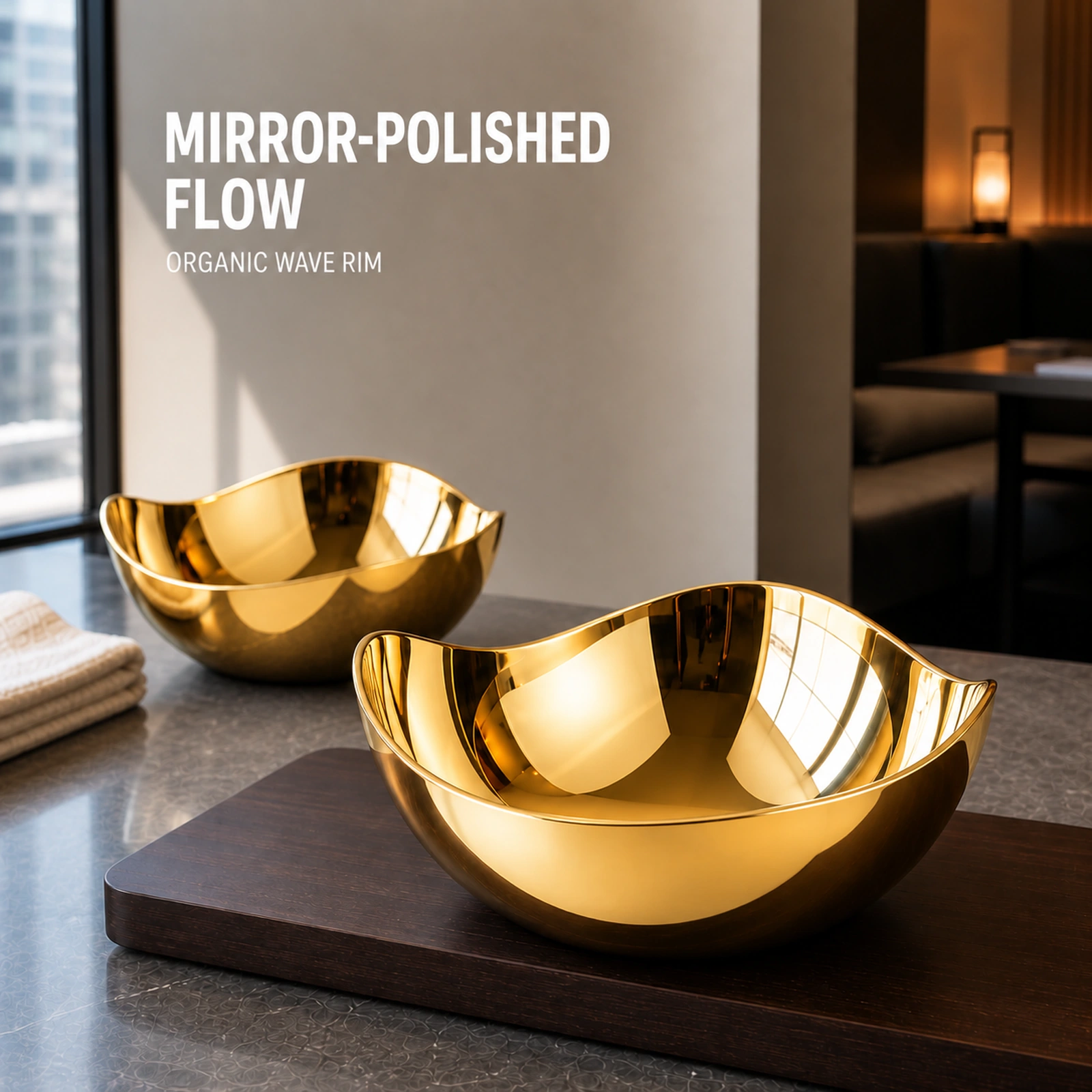 Mirror-Polished Gold-Plated Irregular Wave-Rim Nut Bowl Set with Wooden Tray view 6