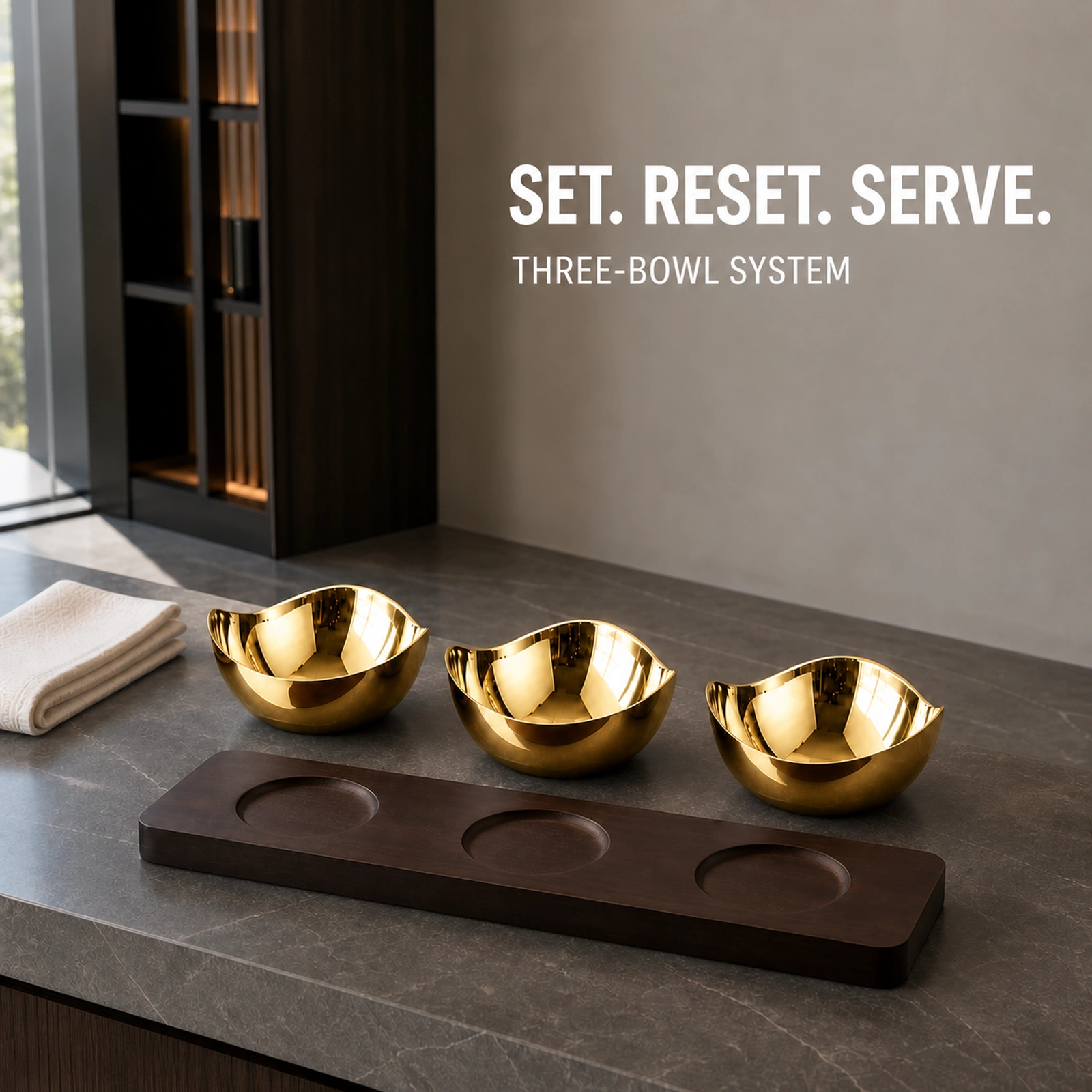 Mirror-Polished Gold-Plated Irregular Wave-Rim Nut Bowl Set with Wooden Tray view 7