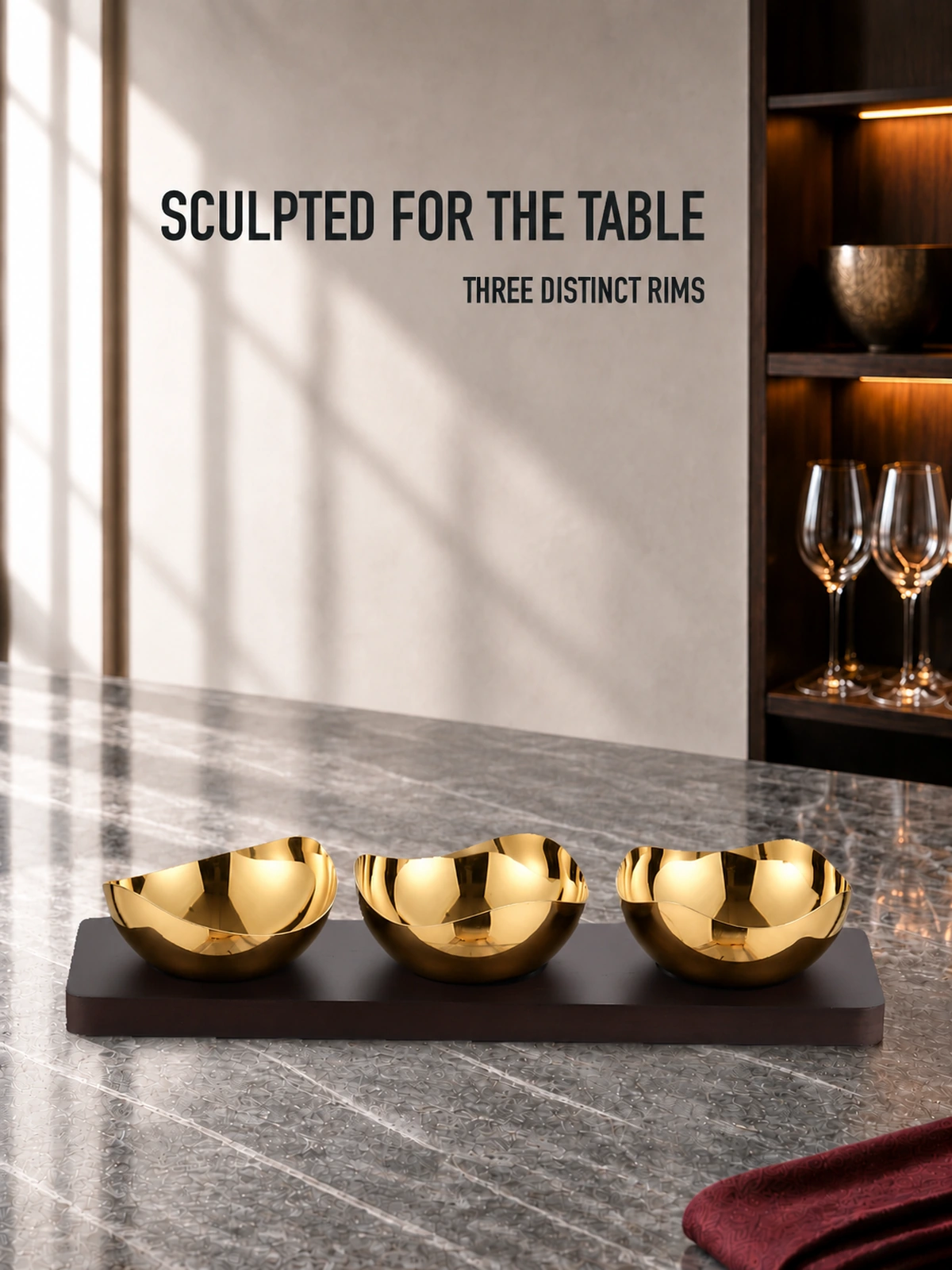 Complete Mirror-Polished Gold-Plated Mixed-Wave Nut Bowl Set with Wooden Tray